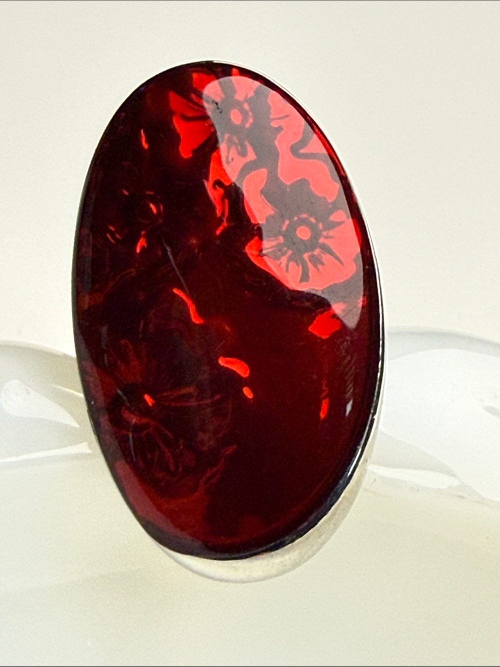 Red long gothic oval Resin Statement Ring deep set flower rose images adjustable